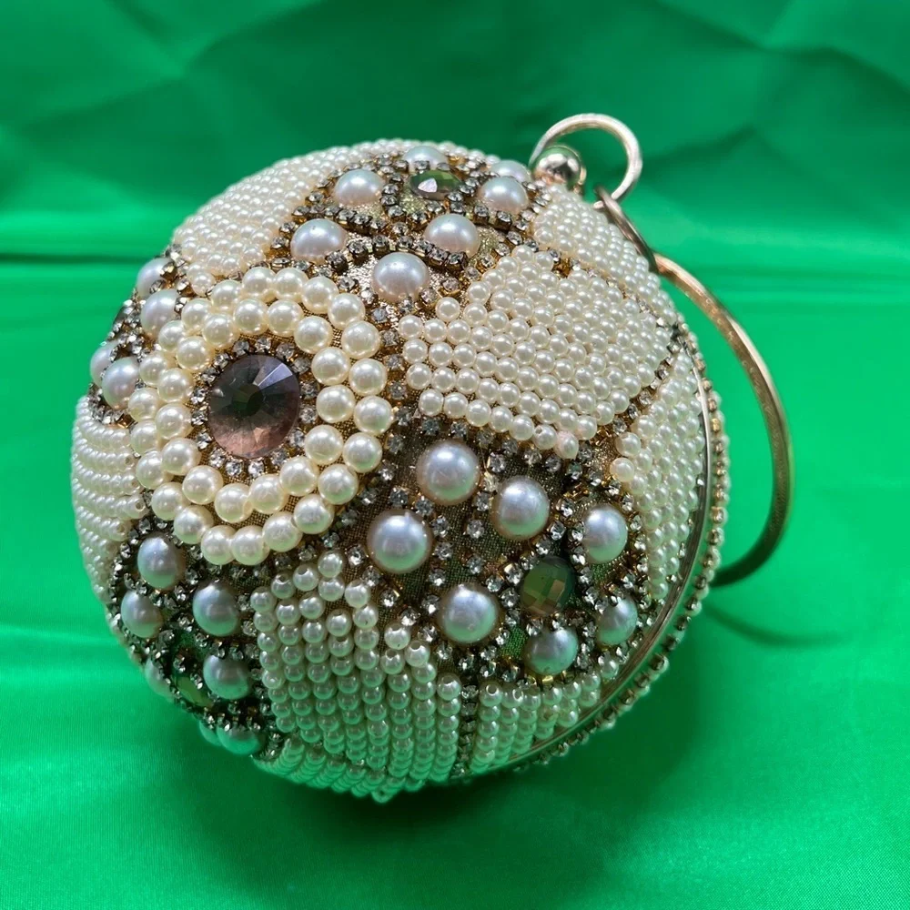 Unique Round beaded: Evening Clutch, wedding wristlet with long gold chain